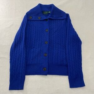 Lauren Ralph Lauren 100% Cashmere Blue Cable Knit Sweater Womens Size XL Vintage